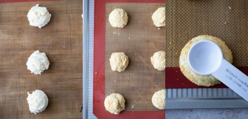 Cherry cheesecake thumbprint cookie dough on a baking sheet