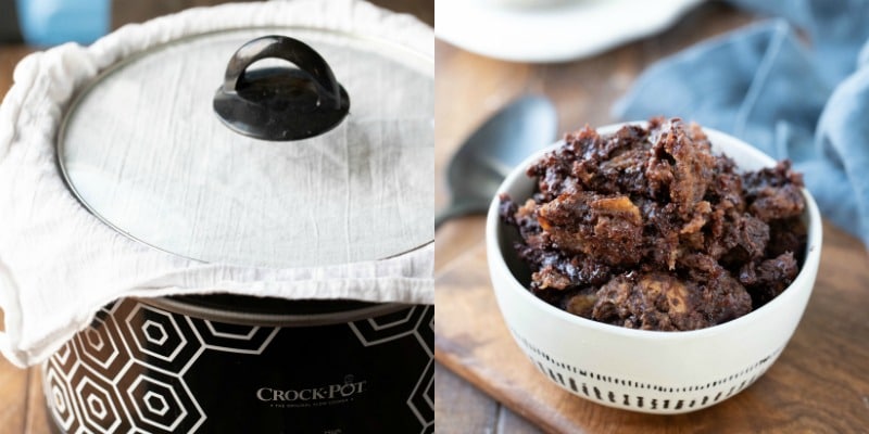 Chocolate bread pudding in a cream bowl