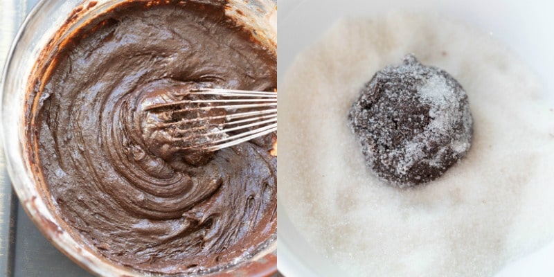 Chocolate crinkle cookie dough in a glass bowl