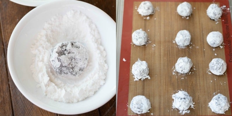 Chocolate Crinkle Cookie dough in powdered sugar