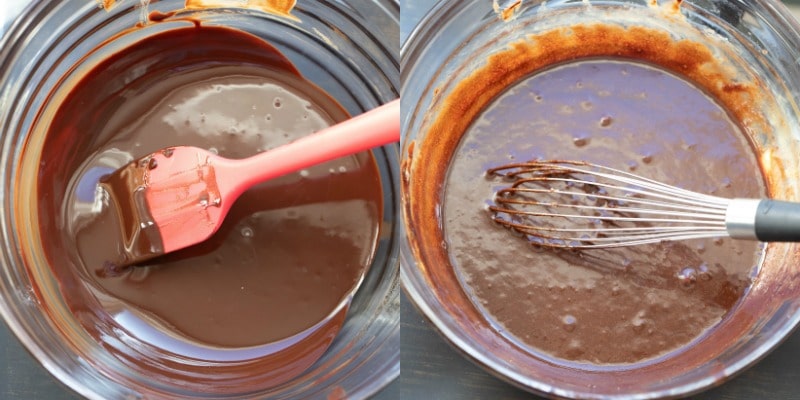 Melted chocolate in a glass mixing bowl