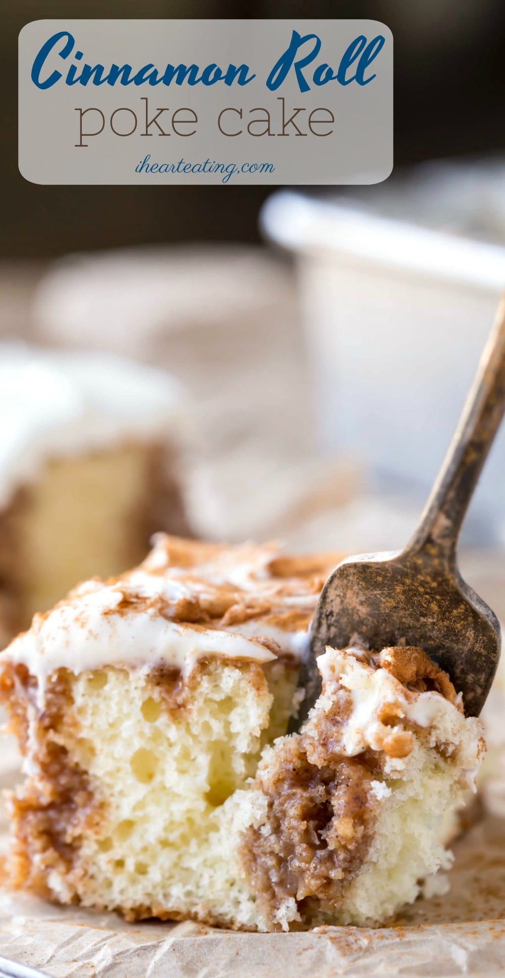 Cinnamon Roll Poke Cake - tender white cake filled with buttery cinnamon-sugar filling and rich cream cheese frosting!
#dessert #cake #pokecake #cinnamonroll #cakemix #recipe #ihearteating
