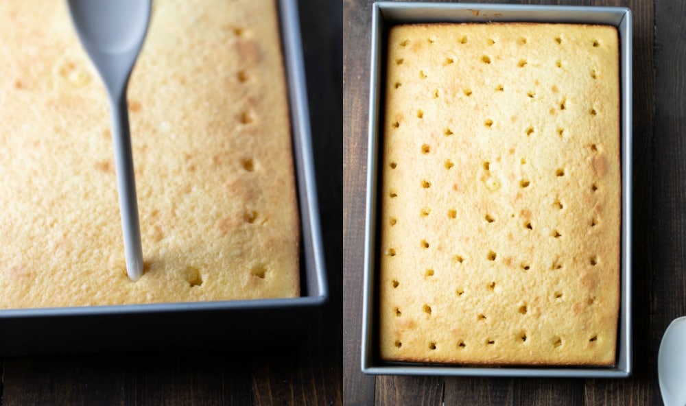 Spoon handle poking holes in a white cake