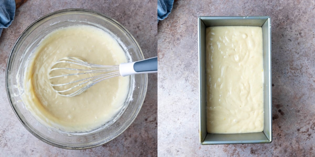 Lemon cake batter in a glass mixing bowl