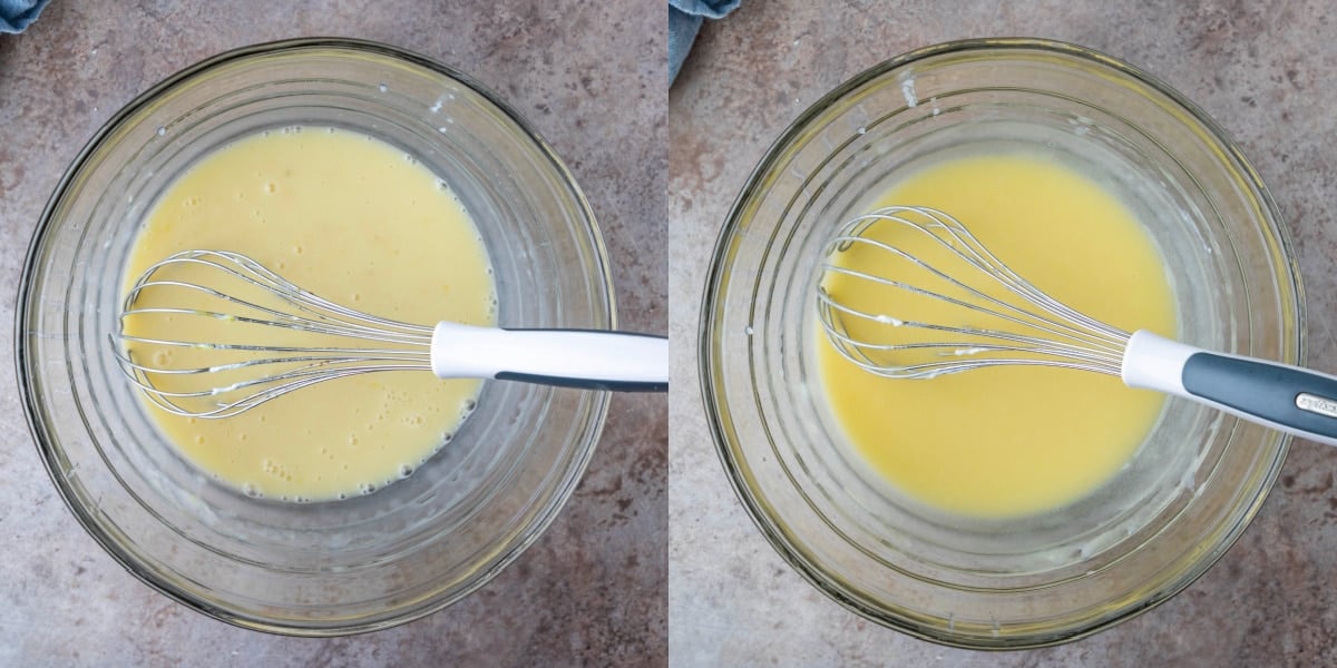 Oil sour cream and sugar in a glass mixing bowl