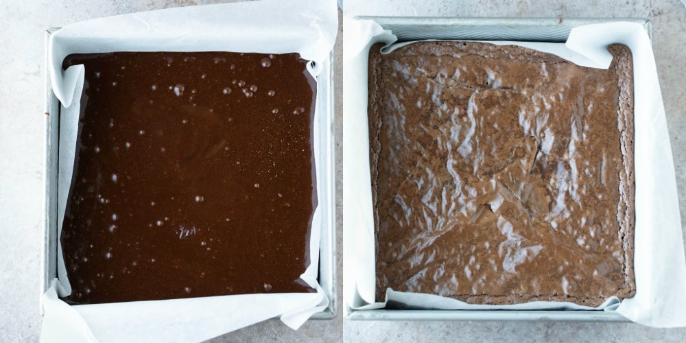 Unbaked brownie batter in a silver baking pan