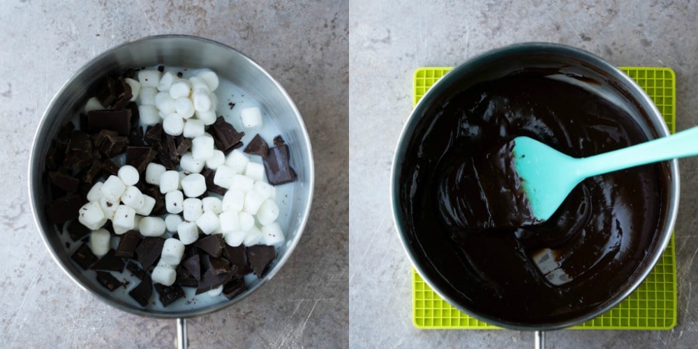 Marshmallows chocolate and milk in a silver saucepan