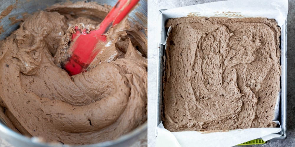 Chocolate mousse in a silver mixing bowl