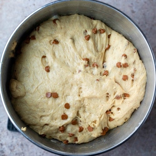 Risen cinnamon chip bread dough in a silver mixing bowl