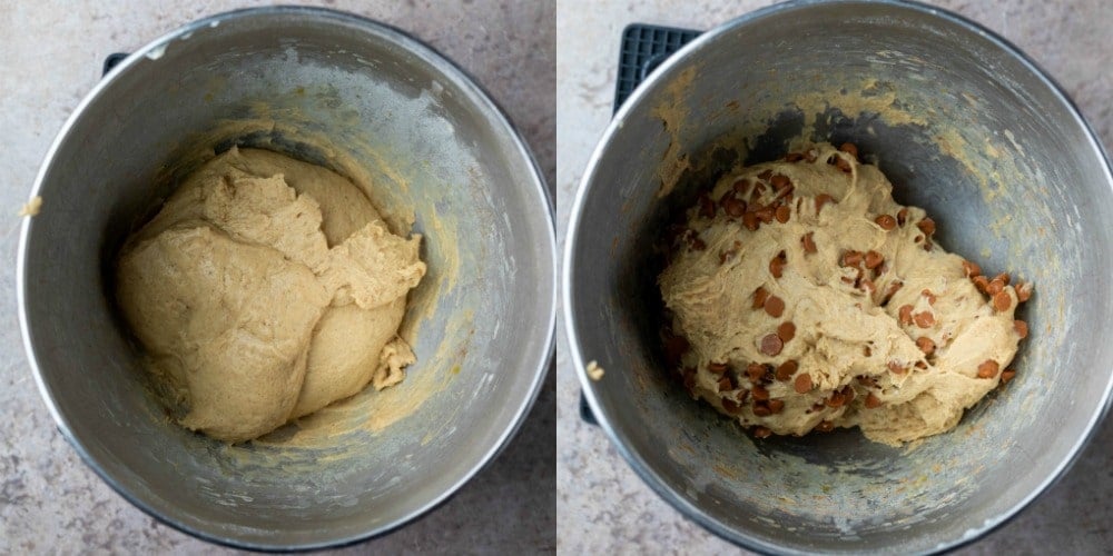 Cinnamon chip bread dough in a silver mixing bowl