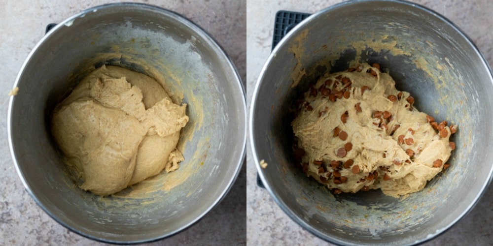 Cinnamon chip bread dough in a silver mixing bowl