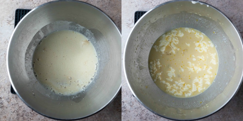 Foamy yeast in a silver mixing bowl