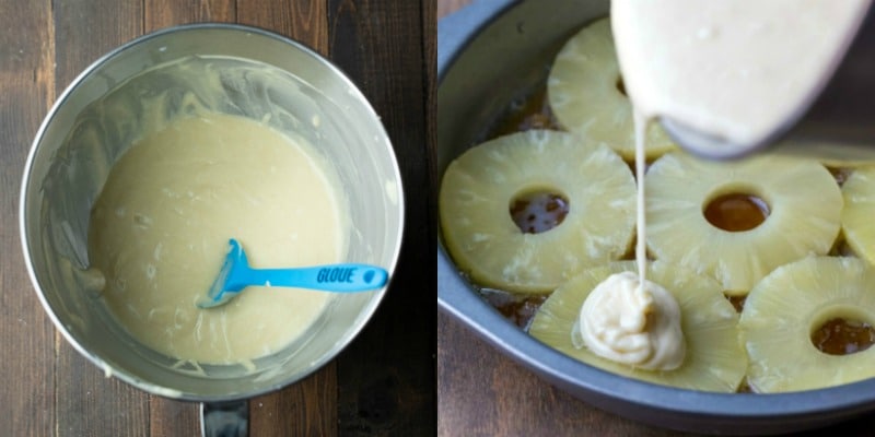 Pineapple upside down cake batter in a mixing bowl