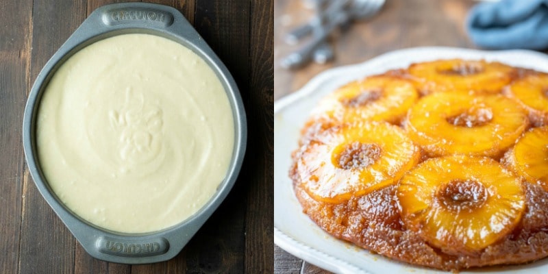 Pineapple upside down cake on a cake platter