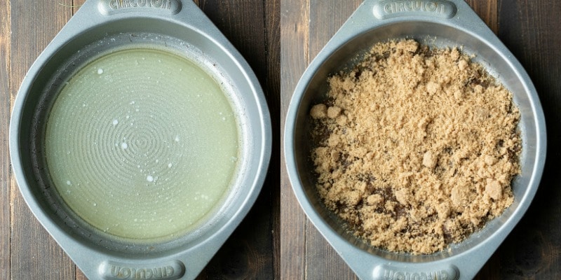 Butter and brown sugar in a cake pan