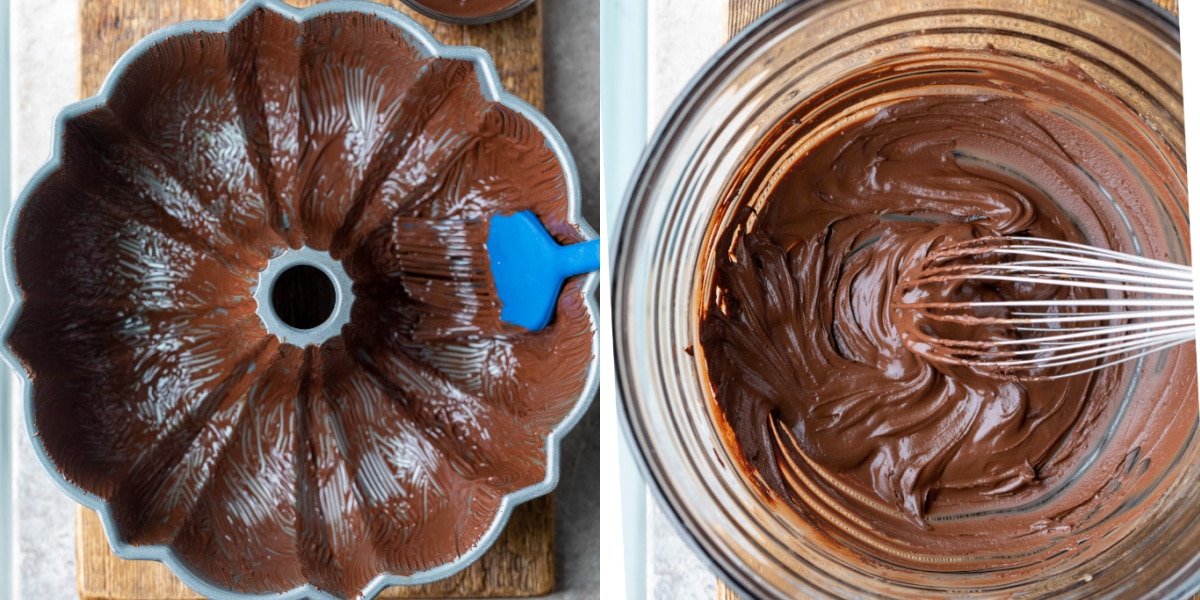 Bundt pan coated with chocolate pan release