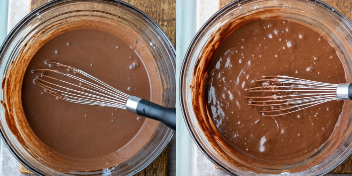 Chocolate bundt cake batter in a glass mixing bowl