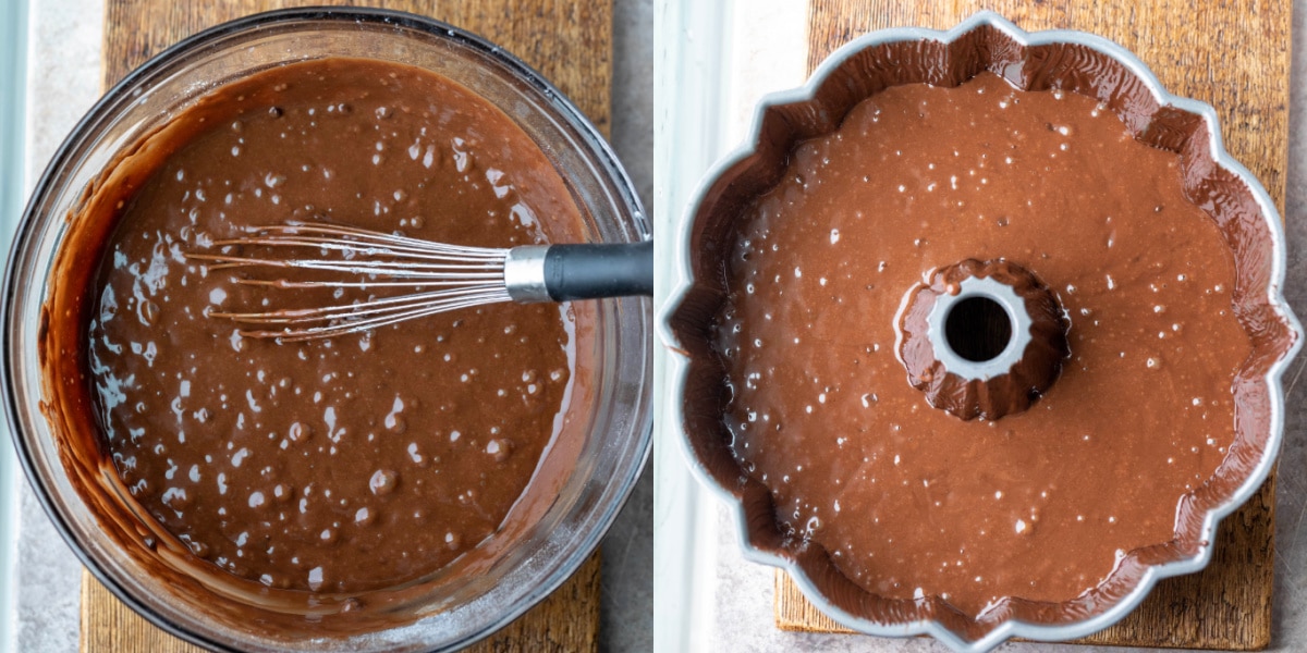 Chocolate cake batter in a bundt pan