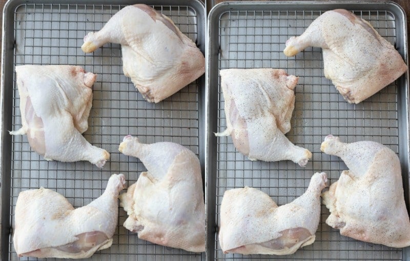 Raw chicken quarters on a baking sheet