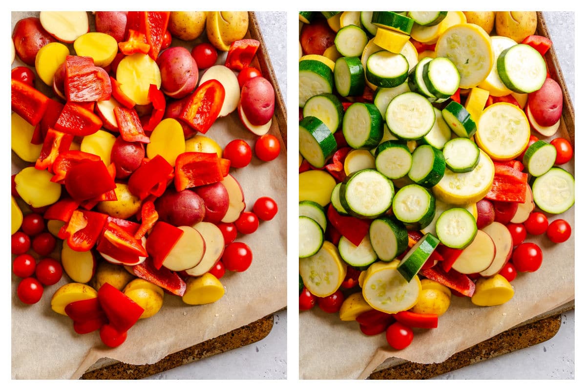 Bell peppers on baking sheet next to sliced zucchini and squash added. 