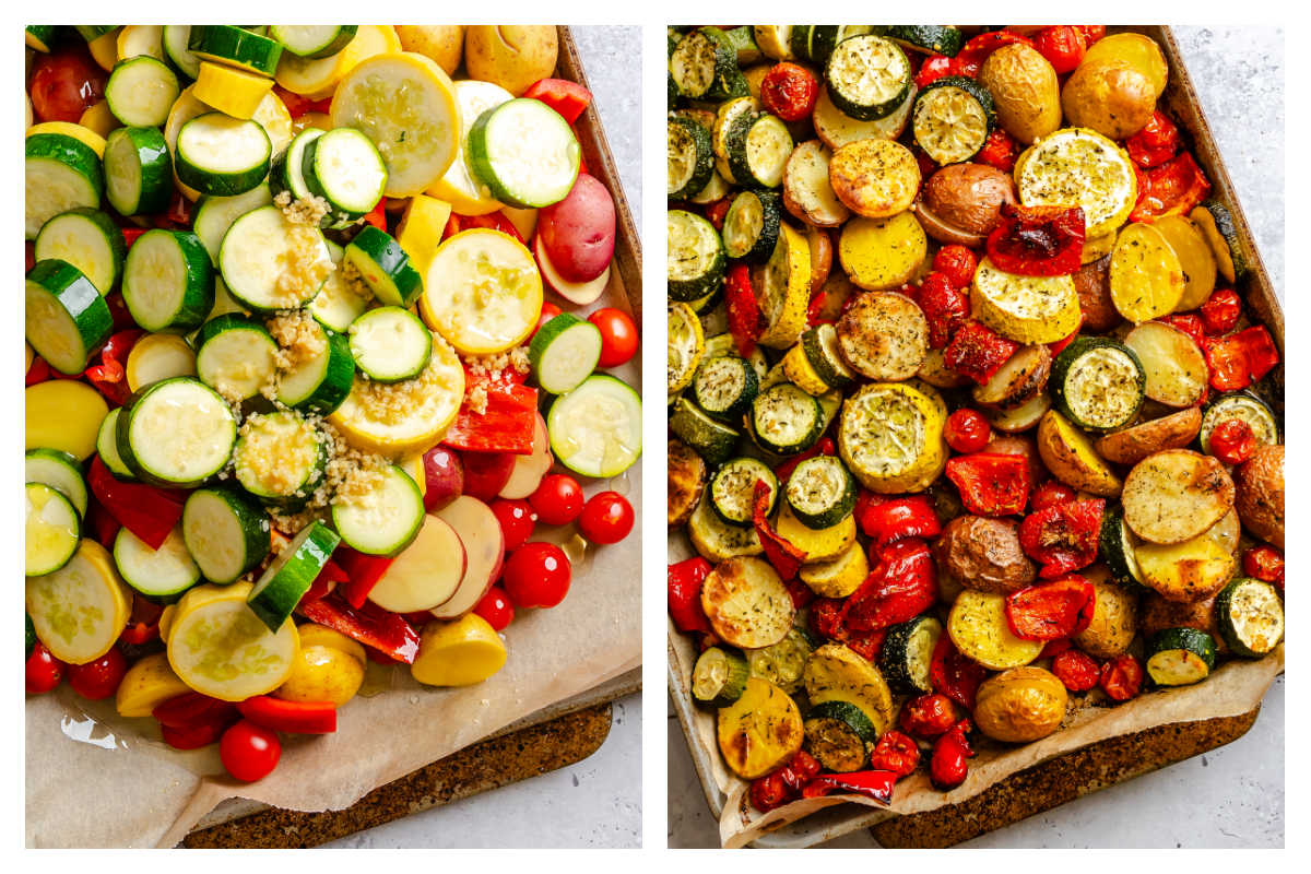 Garlic and seasoning on vegetables on baking sheet next to roast vegetables on baking sheet. 