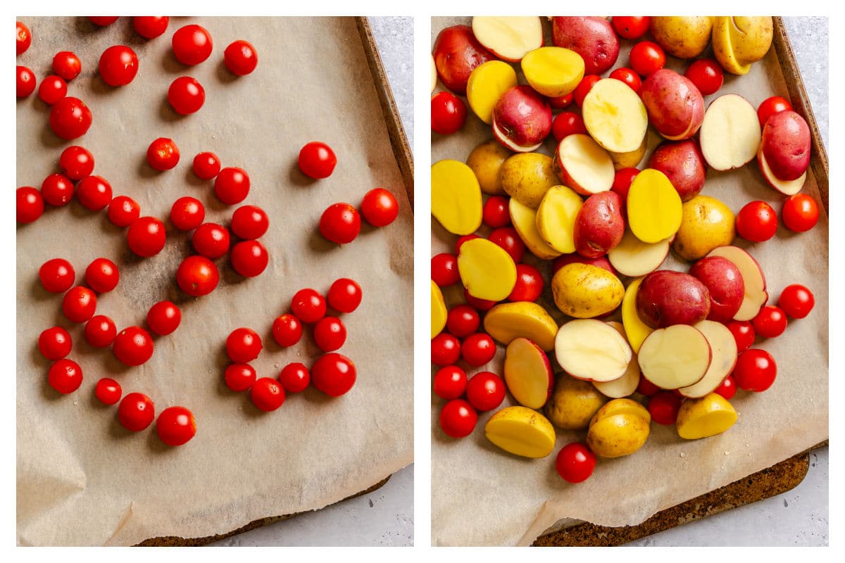Cherry tomatoes on a baking sheet next to potatoes on baking sheet. 