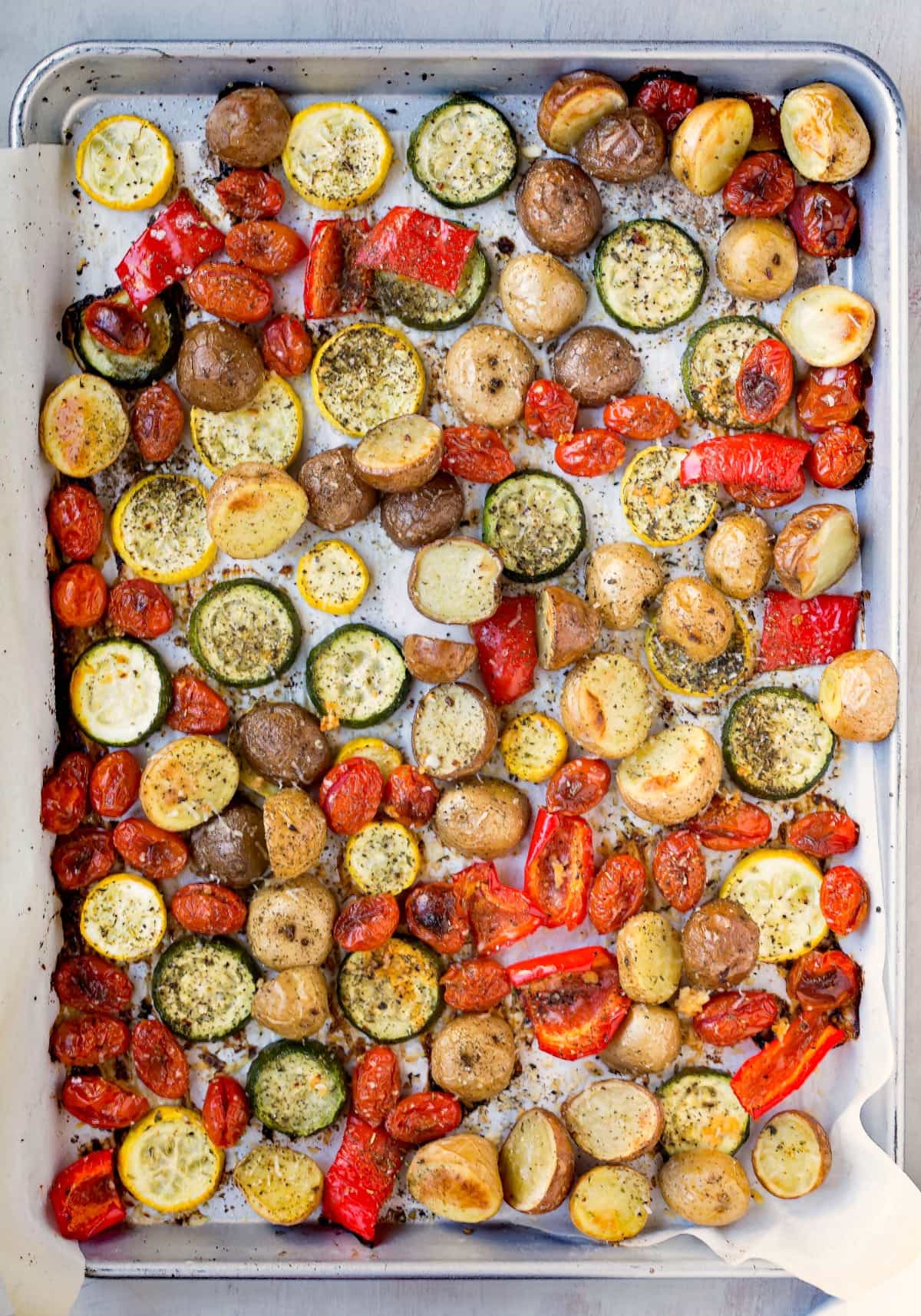 Roasted Summer Vegetables on a half sheet baking pan