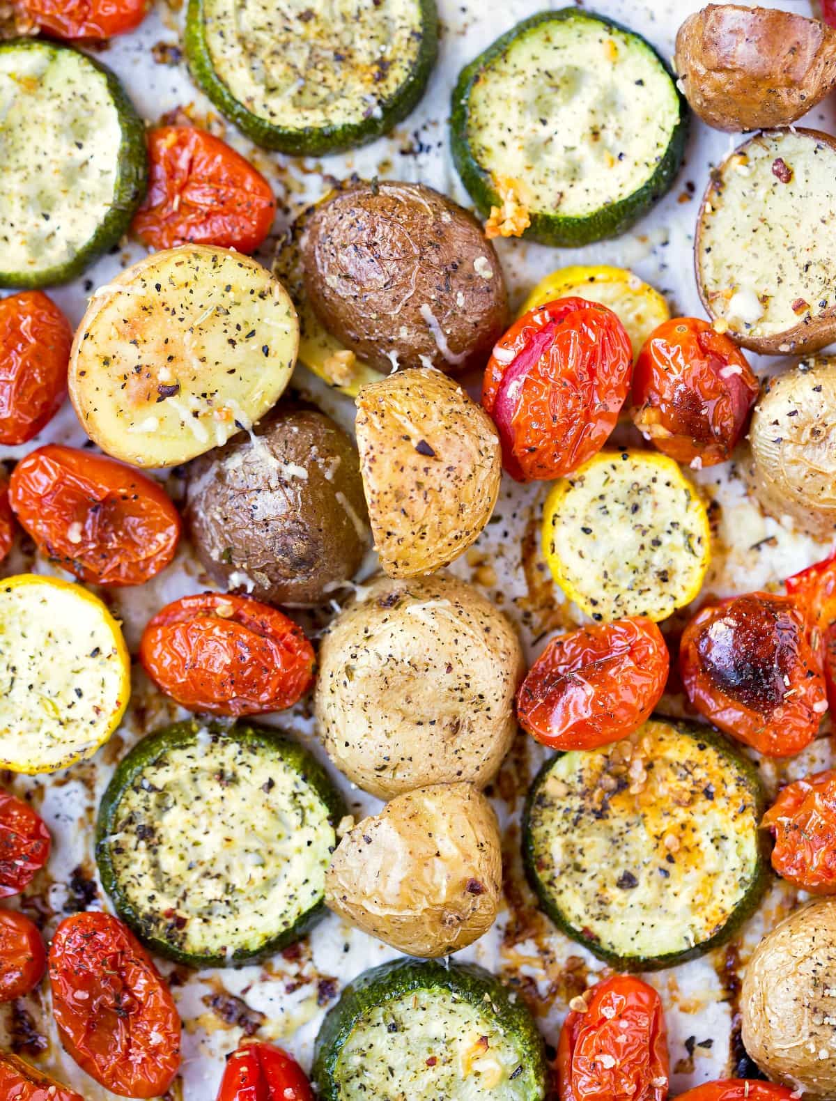 Roasted Summer Vegetables on a baking sheet