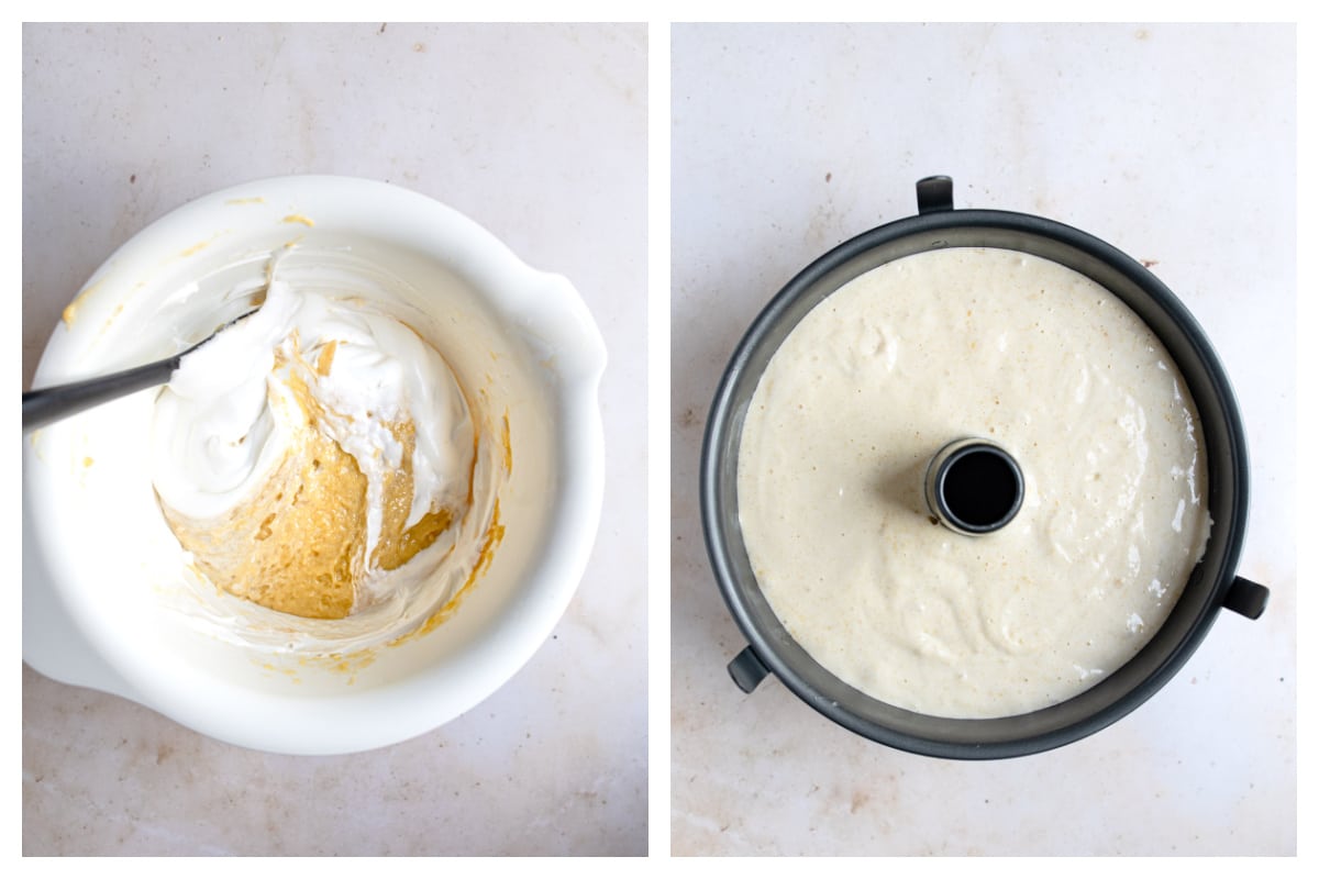 Egg whites folded into batter next to chiffon cake batter in a tube pan.