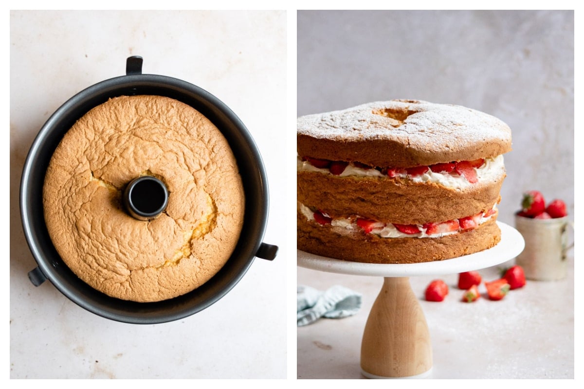 A baked chiffon cake in a tube pan next to an assembled strawberry shortcake cake on a cake stand.
