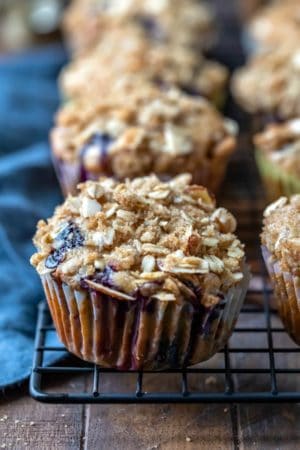 Healthy blueberry muffins on a dark wire cooling rack