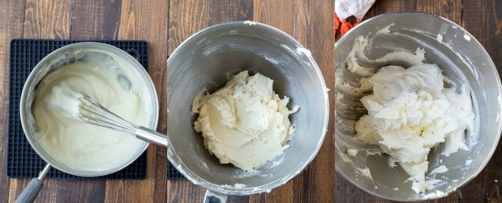 Process picture showing cooked flour mixture and beaten sugar and butter mixture for flour frosting