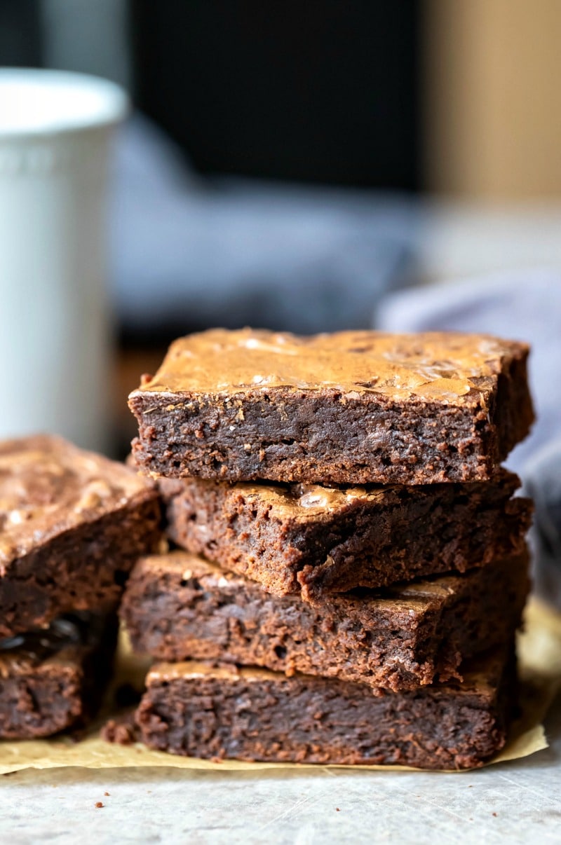 Stack of four cocoa powder brownies