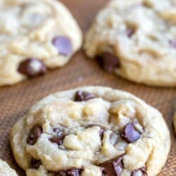 Easiest chocolate chip cookies on a tan silicone baking mat