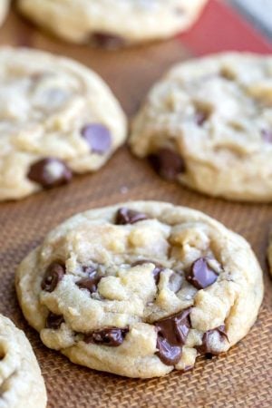 Easiest chocolate chip cookies on a tan silicone baking mat