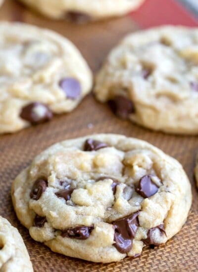 Easiest chocolate chip cookies on a tan silicone baking mat