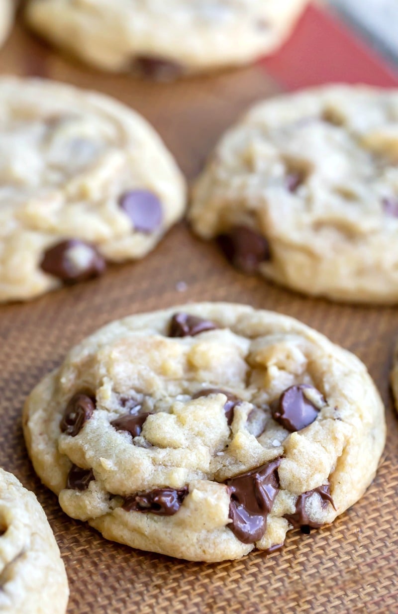 Easiest chocolate chip cookies on a tan silicone baking mat