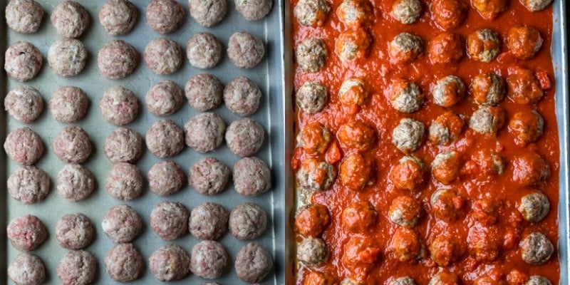 Baked meatballs on a baking sheet