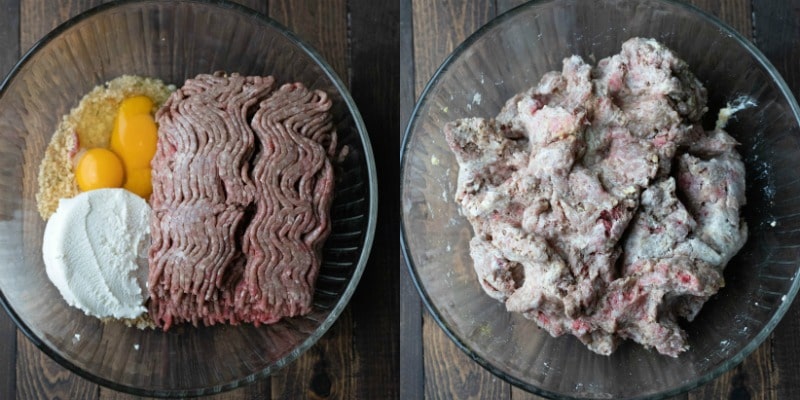 Ingredients for baked meatballs in a glass bowl