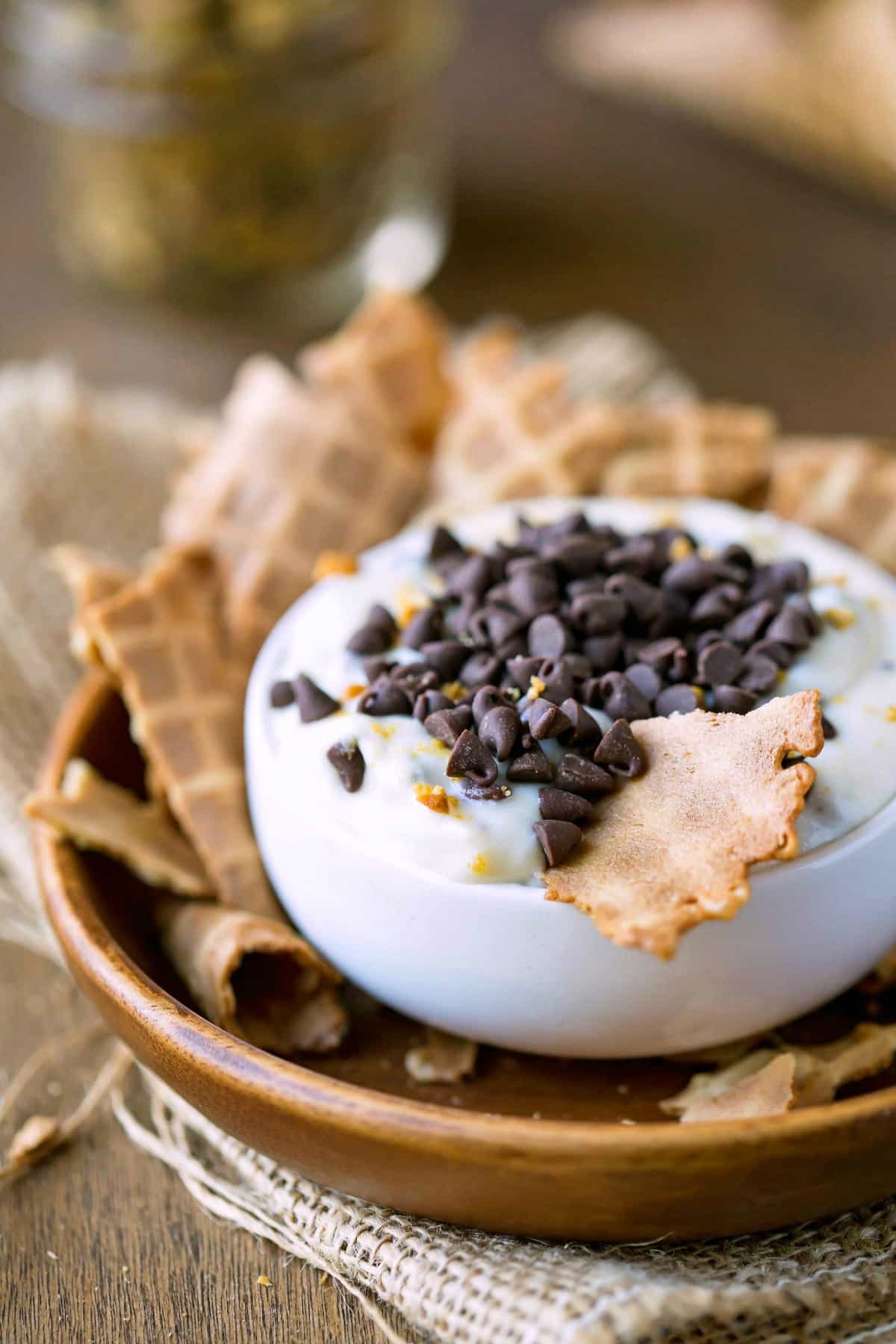 Cannoli Dip on a piece of waffle cone