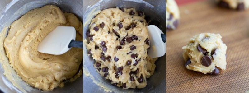 Chocolate chip cookie dough in a mixing bowl