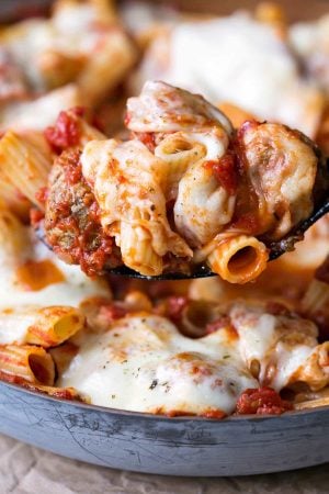 Skillet Meatball Pasta Bake in a metal skillet.