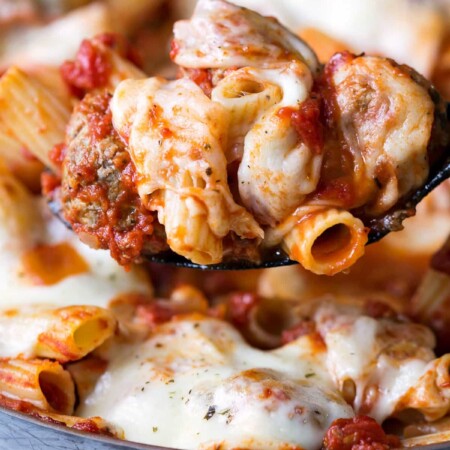 Skillet Meatball Pasta Bake in a metal skillet.