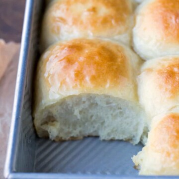 Amish Dinner Rolls in a silver baking pan.