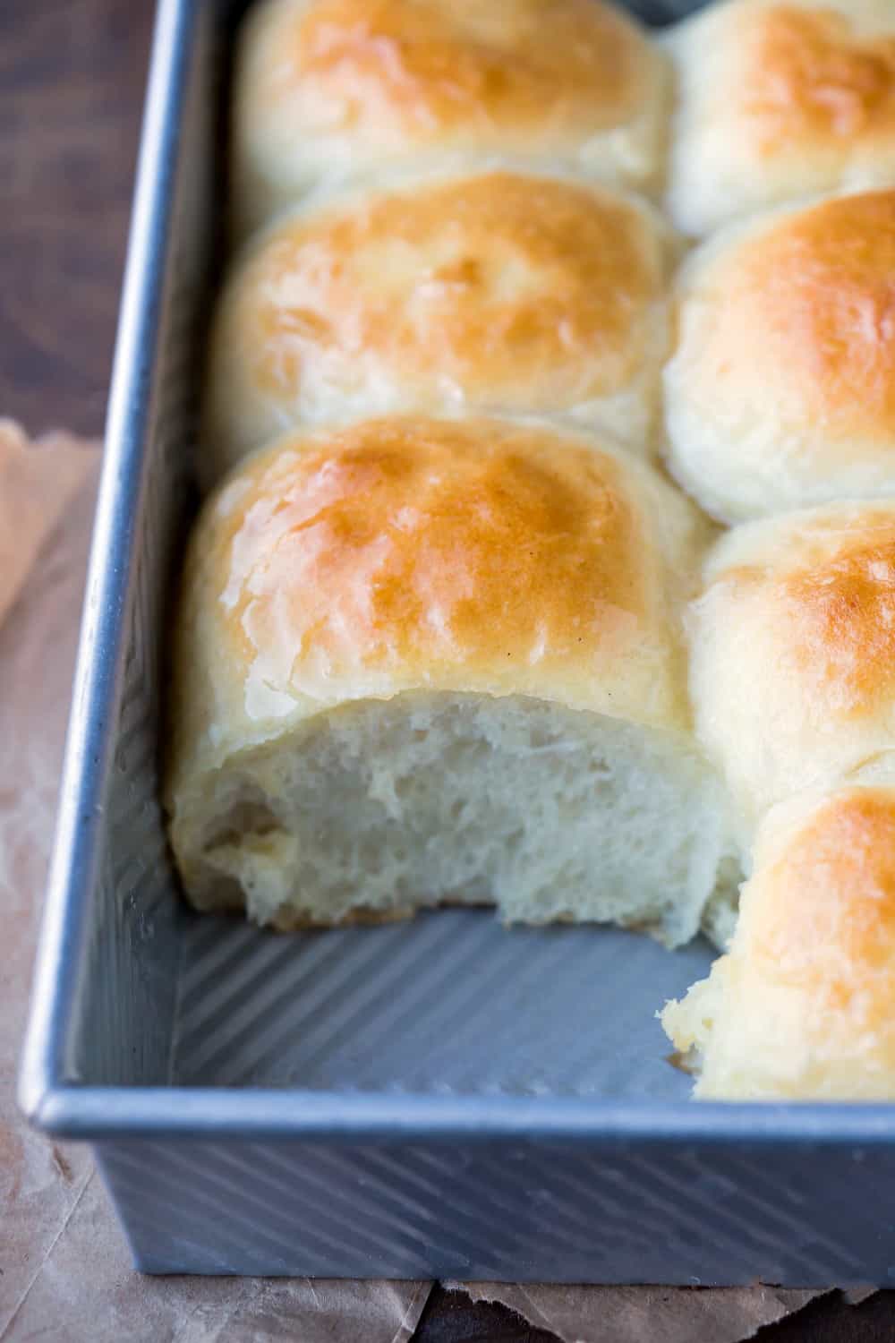 Amish dinner rolls in a silver baking pan.