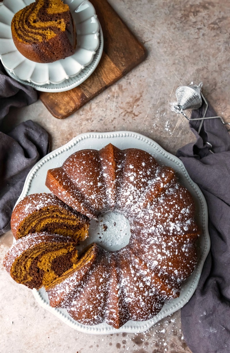Pumpkin Marble Cake with slices cut from it