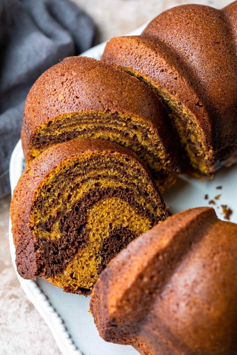 Close up photo of slice of pumpkin marble cake