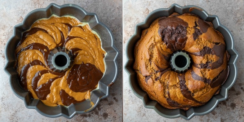 Baked pumpkin marble cake in a bundt pan