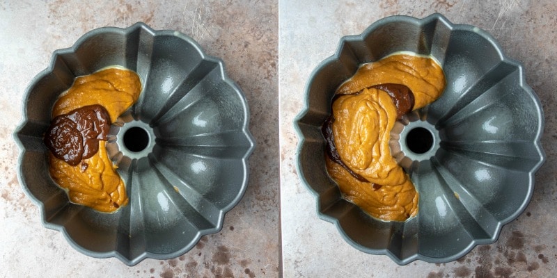 Pumpkin and chocolate cake batters in a bundt pan