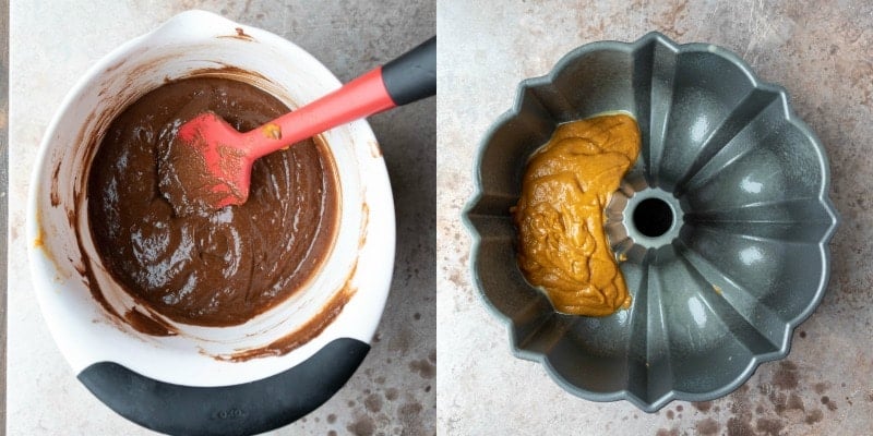 Pumpkin cake batter in a bundt pan